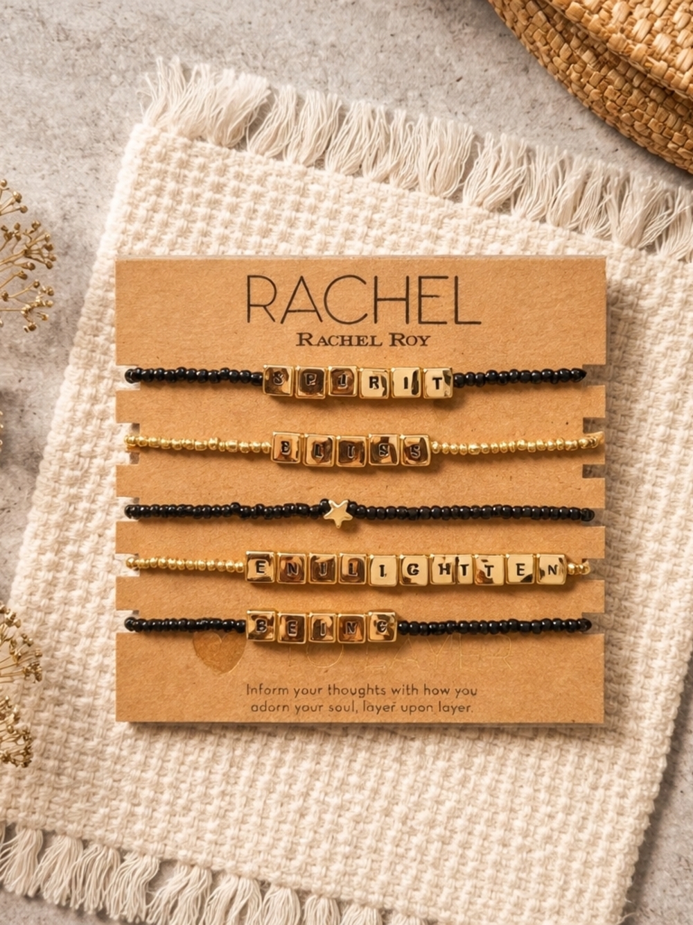 RACHEL Rachel Roy Black and Gold Stackable Beaded Bracelet Set